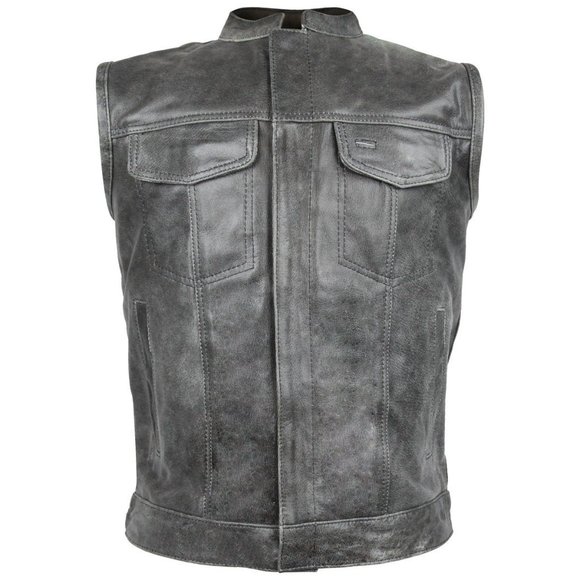 Men's Distressed Gray Motorcycle Club Leather Vest Concealed Carry Pocket - Picture 1 of 6